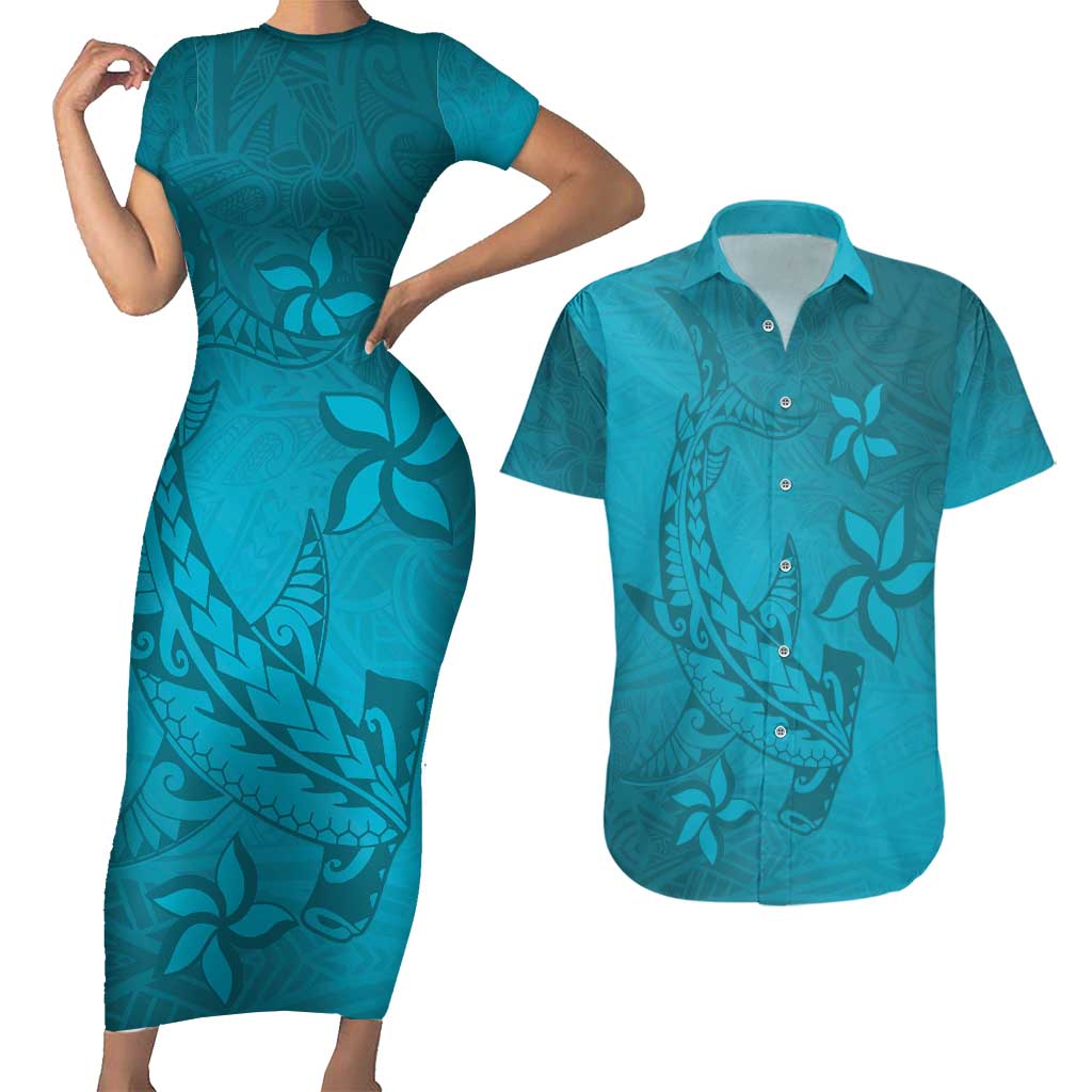 Dark Cyan Gradient Polynesia Couples Matching Short Sleeve Bodycon Dress and Hawaiian Shirt Hawaiian Tribal Hammerhead Shark Tattoo