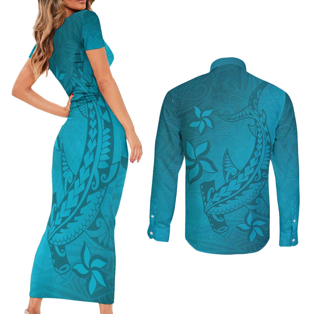 Dark Cyan Gradient Polynesia Couples Matching Short Sleeve Bodycon Dress and Long Sleeve Button Shirt Hawaiian Tribal Hammerhead Shark Tattoo