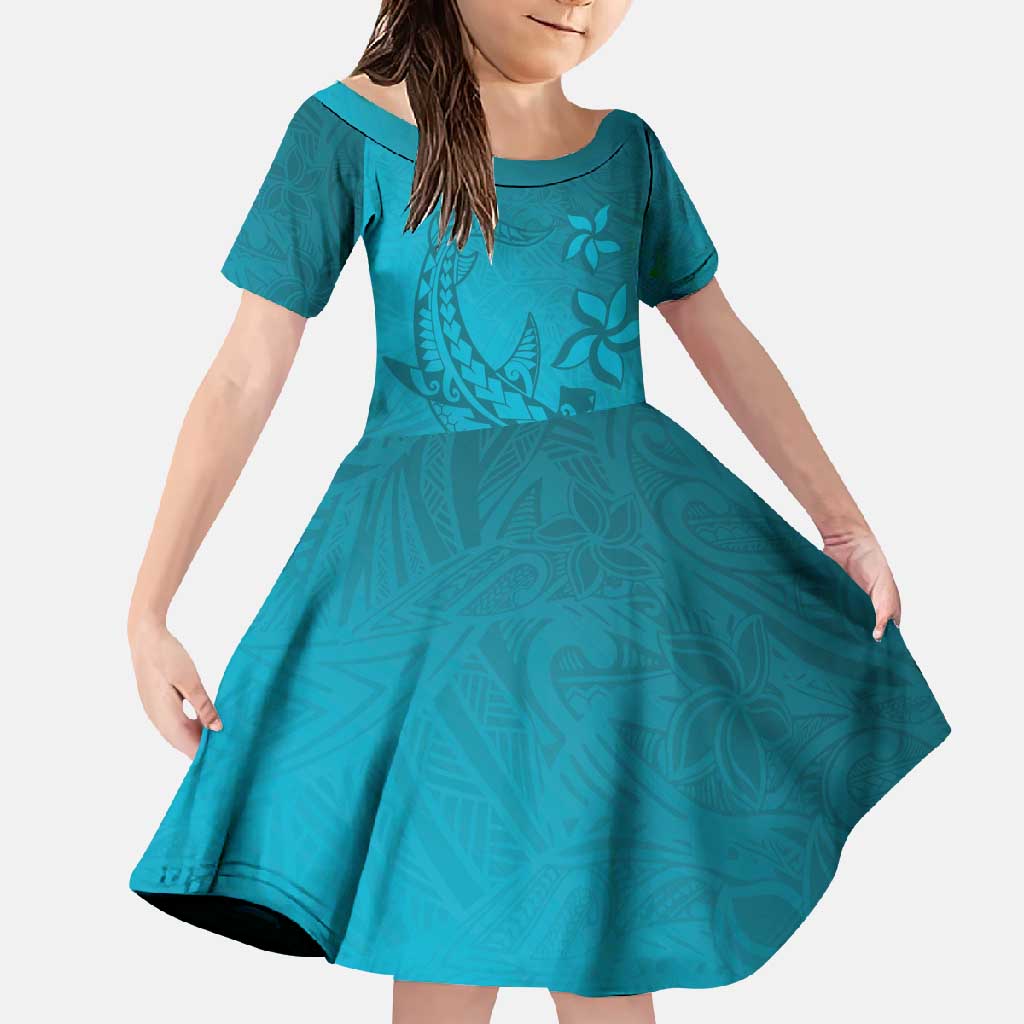 Dark Cyan Gradient Polynesia Family Matching Mermaid Dress and Hawaiian Shirt Hawaiian Tribal Hammerhead Shark Tattoo LT14 Daughter's Dress Dark Cyan - Polynesian Pride