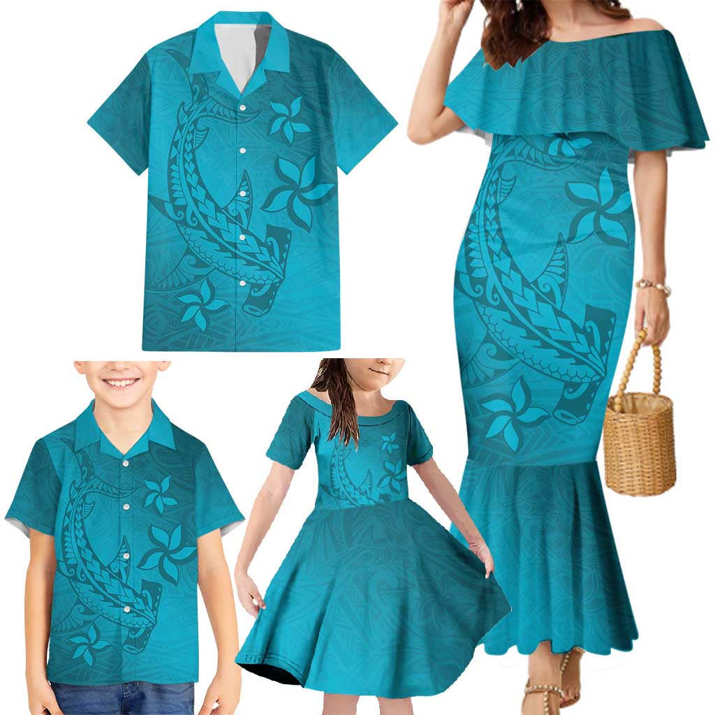 Dark Cyan Gradient Polynesia Family Matching Mermaid Dress and Hawaiian Shirt Hawaiian Tribal Hammerhead Shark Tattoo LT14 - Polynesian Pride