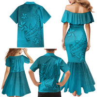 Dark Cyan Gradient Polynesia Family Matching Mermaid Dress and Hawaiian Shirt Hawaiian Tribal Hammerhead Shark Tattoo LT14 - Polynesian Pride