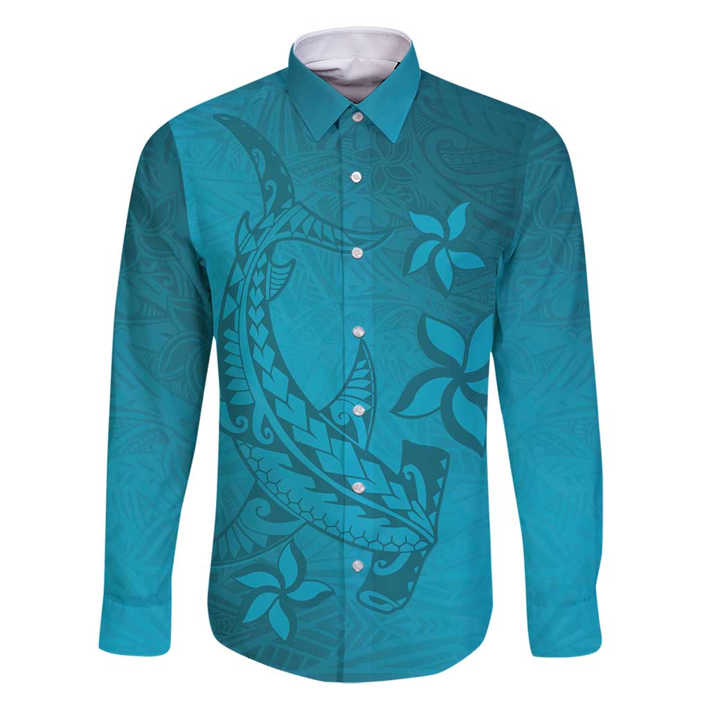 Dark Cyan Gradient Polynesia Family Matching Mermaid Dress and Hawaiian Shirt Hawaiian Tribal Hammerhead Shark Tattoo LT14 Dad's Shirt - Long Sleeve Dark Cyan - Polynesian Pride
