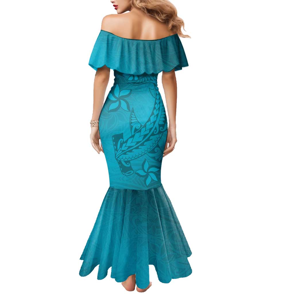 Dark Cyan Gradient Polynesia Family Matching Mermaid Dress and Hawaiian Shirt Hawaiian Tribal Hammerhead Shark Tattoo LT14 - Polynesian Pride