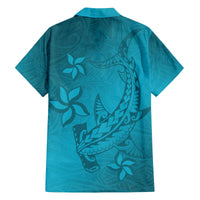 Dark Cyan Gradient Polynesia Family Matching Off Shoulder Short Dress and Hawaiian Shirt Hawaiian Tribal Hammerhead Shark Tattoo