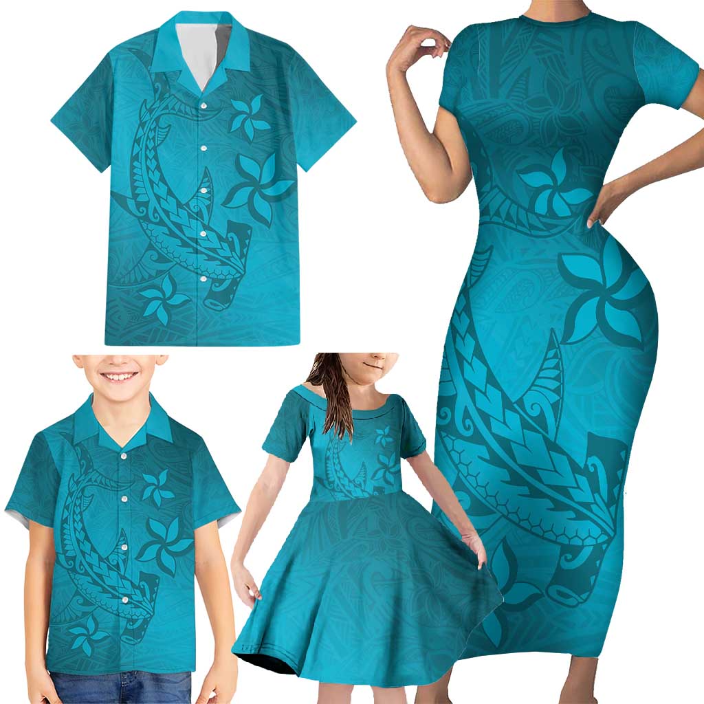 Dark Cyan Gradient Polynesia Family Matching Short Sleeve Bodycon Dress and Hawaiian Shirt Hawaiian Tribal Hammerhead Shark Tattoo LT14 - Polynesian Pride