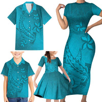 Dark Cyan Gradient Polynesia Family Matching Short Sleeve Bodycon Dress and Hawaiian Shirt Hawaiian Tribal Hammerhead Shark Tattoo LT14 - Polynesian Pride