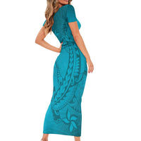 Dark Cyan Gradient Polynesia Family Matching Short Sleeve Bodycon Dress and Hawaiian Shirt Hawaiian Tribal Hammerhead Shark Tattoo LT14 - Polynesian Pride