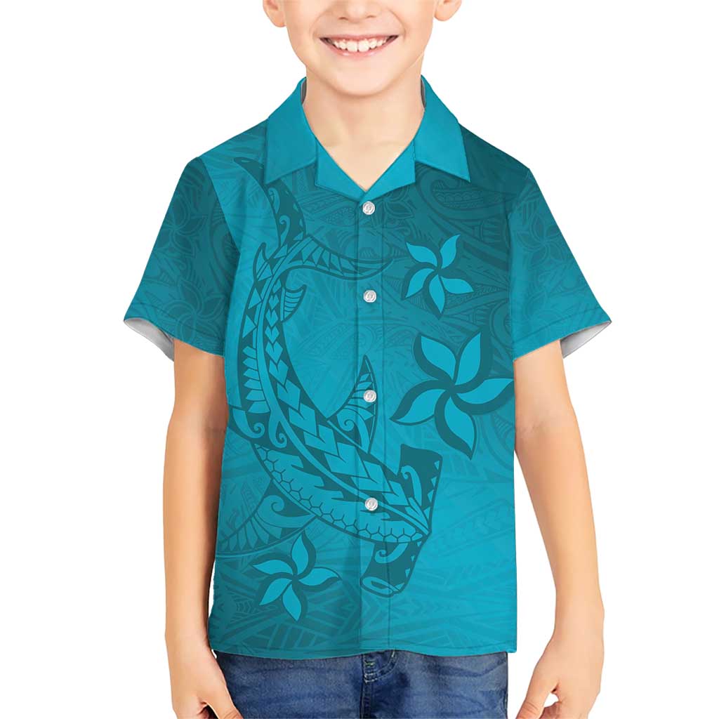 Dark Cyan Gradient Polynesia Family Matching Short Sleeve Bodycon Dress and Hawaiian Shirt Hawaiian Tribal Hammerhead Shark Tattoo LT14 Son's Shirt Dark Cyan - Polynesian Pride