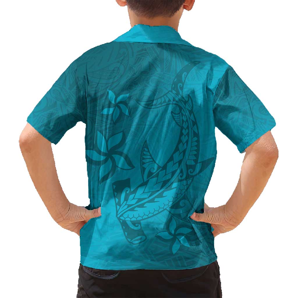 Dark Cyan Gradient Polynesia Family Matching Summer Maxi Dress and Hawaiian Shirt Hawaiian Tribal Hammerhead Shark Tattoo LT14 - Polynesian Pride