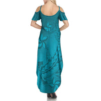 Dark Cyan Gradient Polynesia Family Matching Summer Maxi Dress and Hawaiian Shirt Hawaiian Tribal Hammerhead Shark Tattoo LT14 - Polynesian Pride