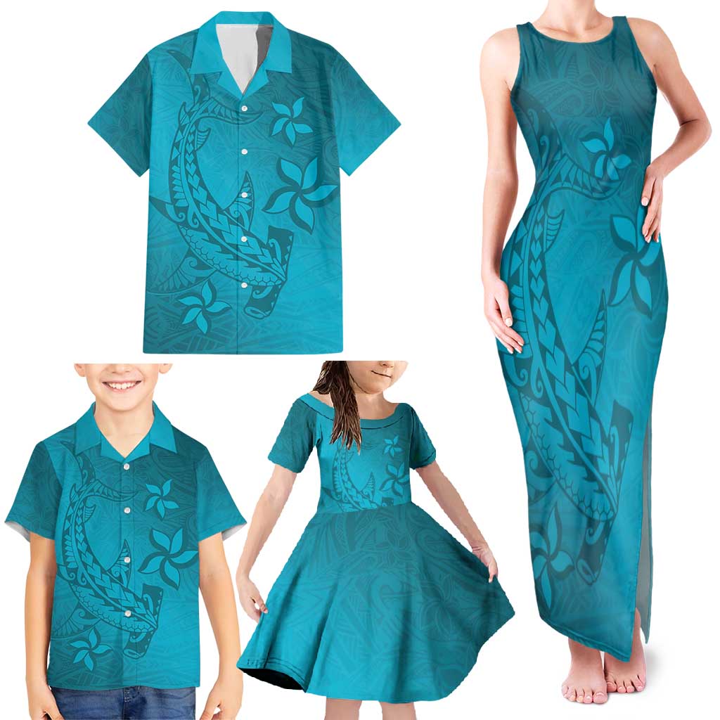 Dark Cyan Gradient Polynesia Family Matching Tank Maxi Dress and Hawaiian Shirt Hawaiian Tribal Hammerhead Shark Tattoo