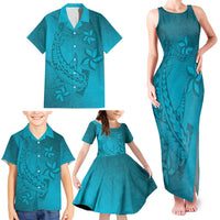 Dark Cyan Gradient Polynesia Family Matching Tank Maxi Dress and Hawaiian Shirt Hawaiian Tribal Hammerhead Shark Tattoo