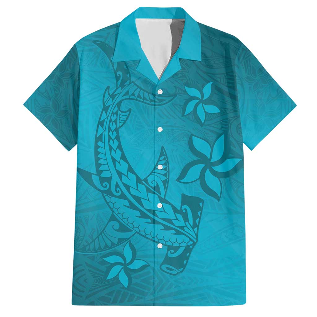 Dark Cyan Gradient Polynesia Hawaiian Shirt Hawaiian Tribal Hammerhead Shark Tattoo