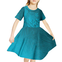 Dark Cyan Gradient Polynesia Kid Short Sleeve Dress Hawaiian Tribal Hammerhead Shark Tattoo