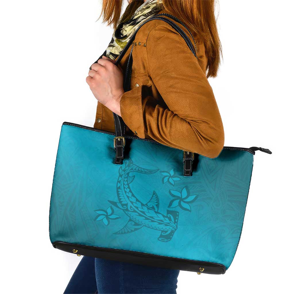 Dark Cyan Gradient Polynesia Leather Tote Bag Hawaiian Tribal Hammerhead Shark Tattoo