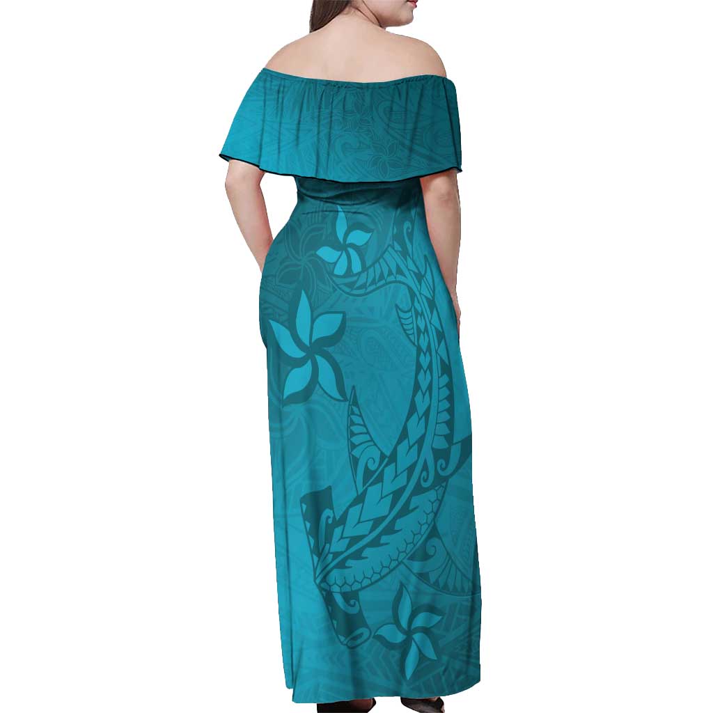 Dark Cyan Gradient Polynesia Off Shoulder Maxi Dress Hawaiian Tribal Hammerhead Shark Tattoo