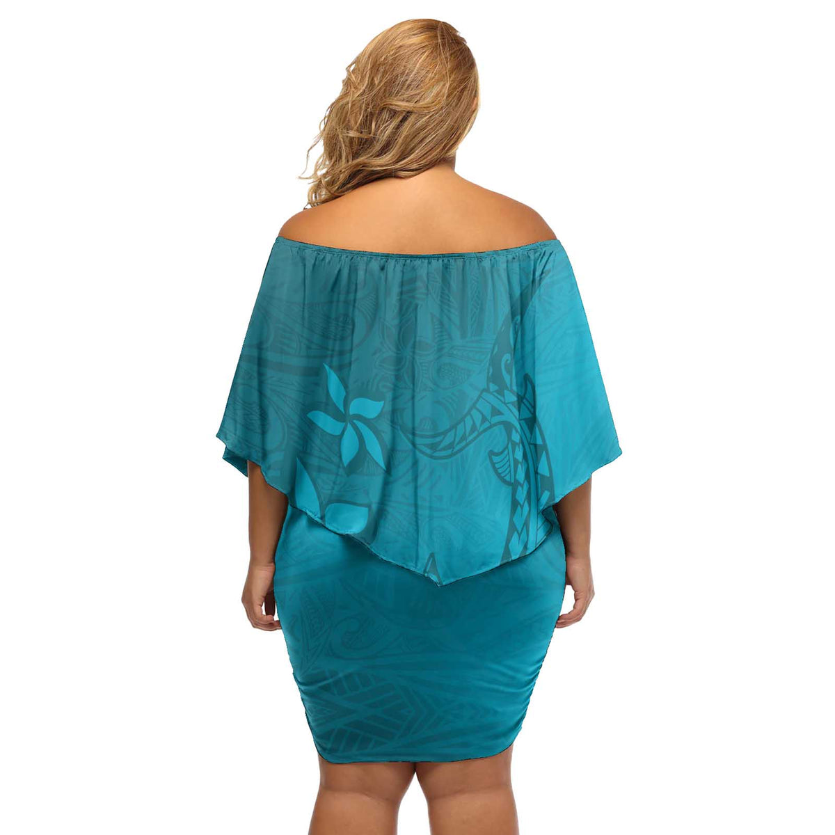 Dark Cyan Gradient Polynesia Off Shoulder Short Dress Hawaiian Tribal Hammerhead Shark Tattoo