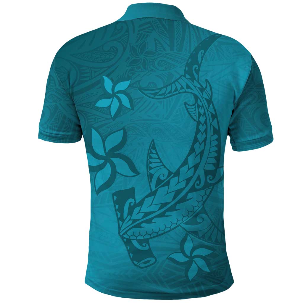 Dark Cyan Gradient Polynesia Polo Shirt Hawaiian Tribal Hammerhead Shark Tattoo
