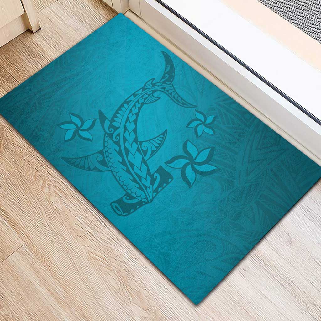 Dark Cyan Gradient Polynesia Rubber Doormat Hawaiian Tribal Hammerhead Shark Tattoo