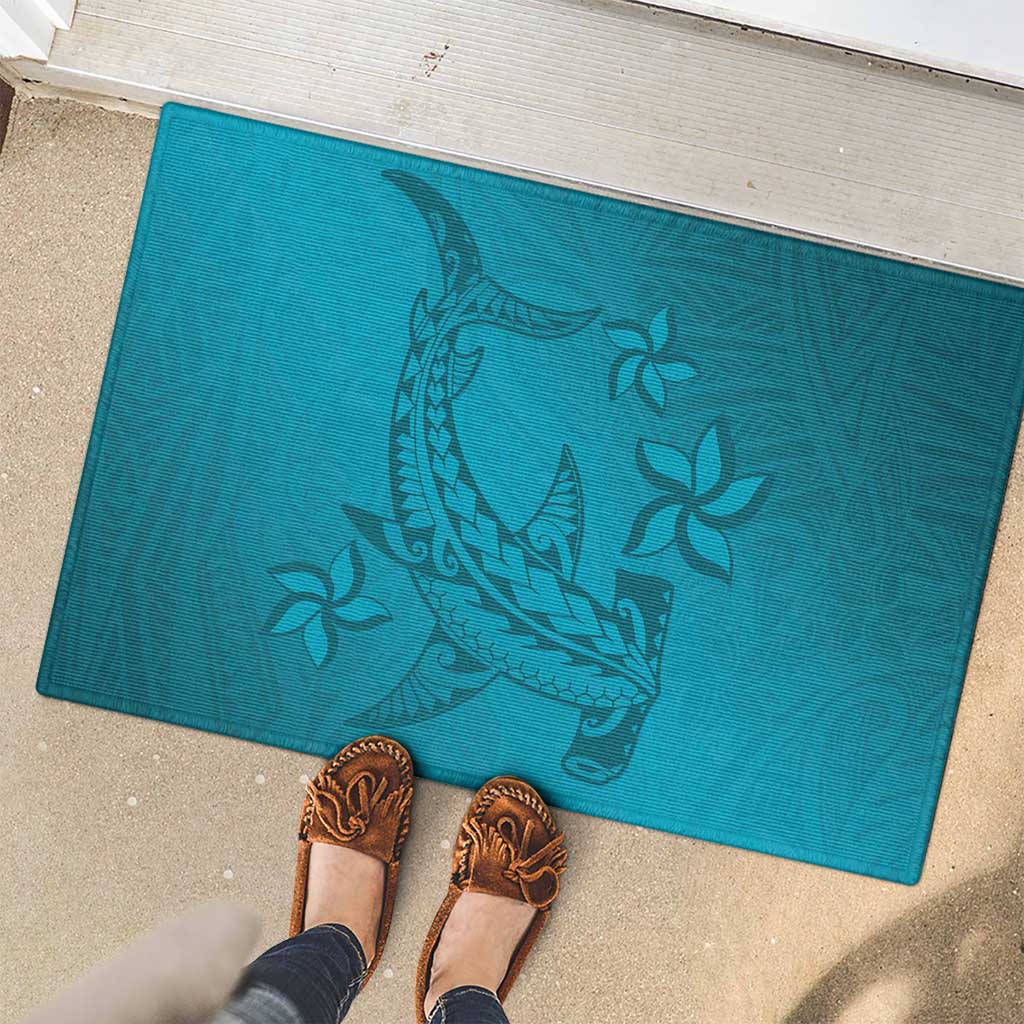Dark Cyan Gradient Polynesia Rubber Doormat Hawaiian Tribal Hammerhead Shark Tattoo
