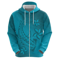 Dark Cyan Gradient Polynesia Zip Hoodie Hawaiian Tribal Hammerhead Shark Tattoo