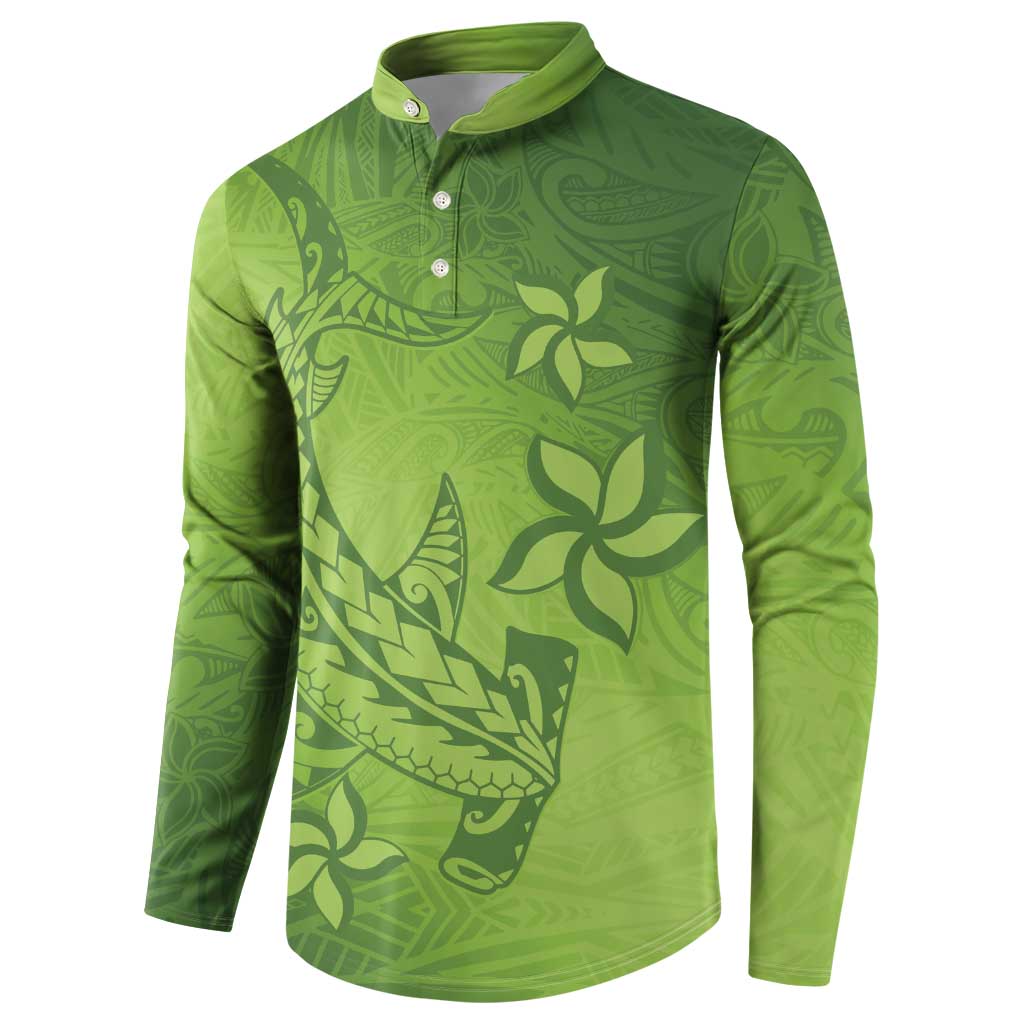 Green Gradient Polynesia Button Sweatshirt Hawaiian Tribal Hammerhead Shark Tattoo
