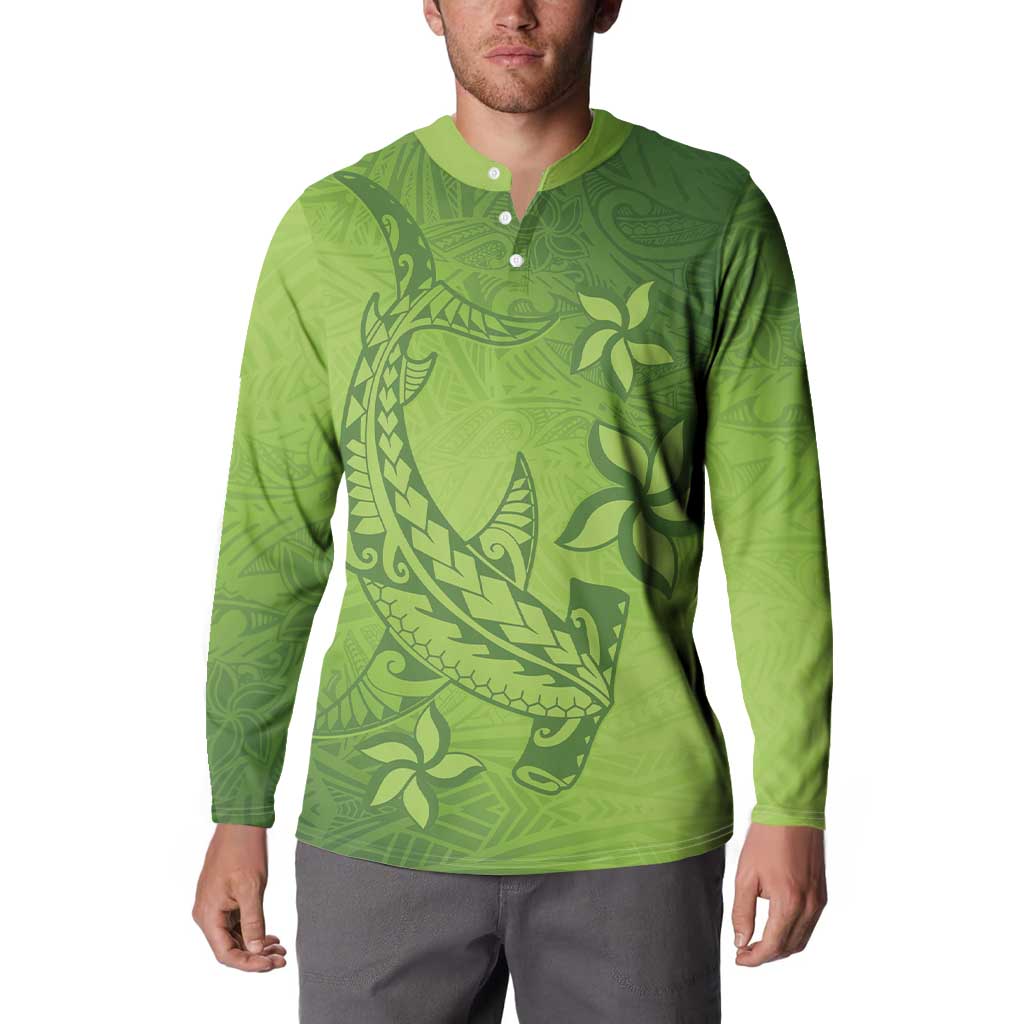 Green Gradient Polynesia Button Sweatshirt Hawaiian Tribal Hammerhead Shark Tattoo