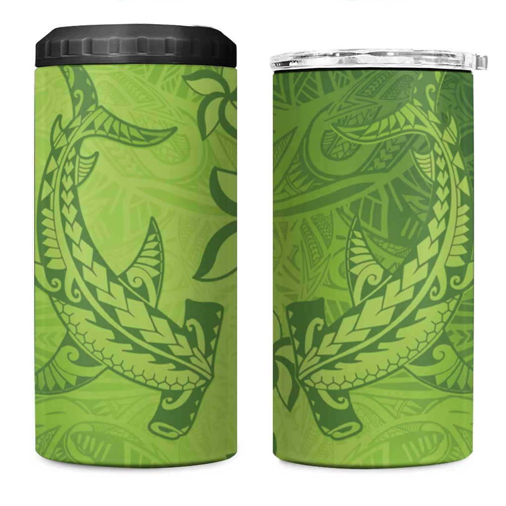 Green Gradient Polynesia 4 in 1 Can Cooler Tumbler Hawaiian Tribal Hammerhead Shark Tattoo