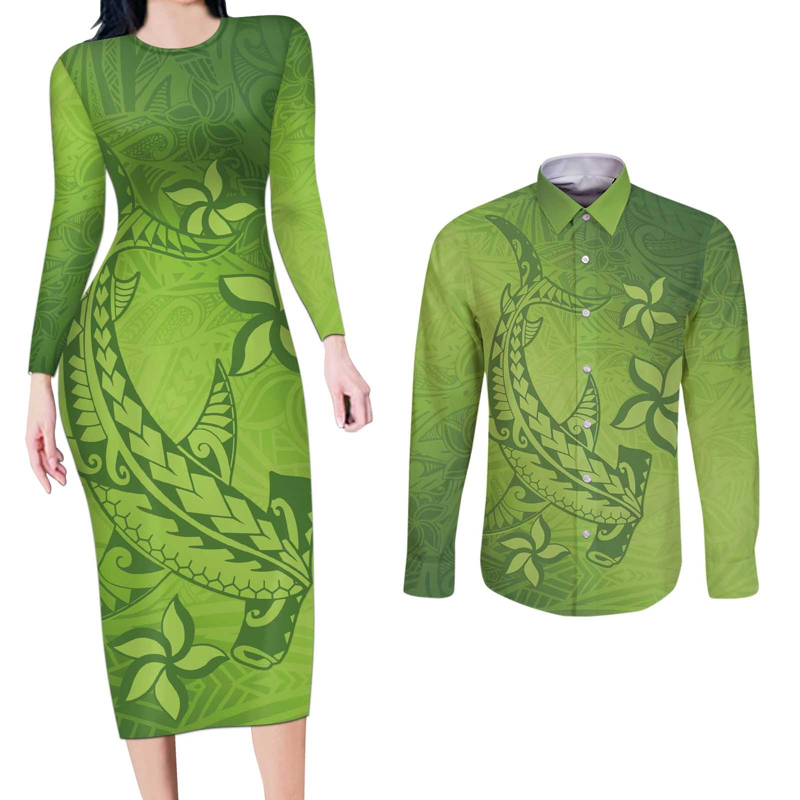 Green Gradient Polynesia Couples Matching Long Sleeve Bodycon Dress and Long Sleeve Button Shirt Hawaiian Tribal Hammerhead Shark Tattoo