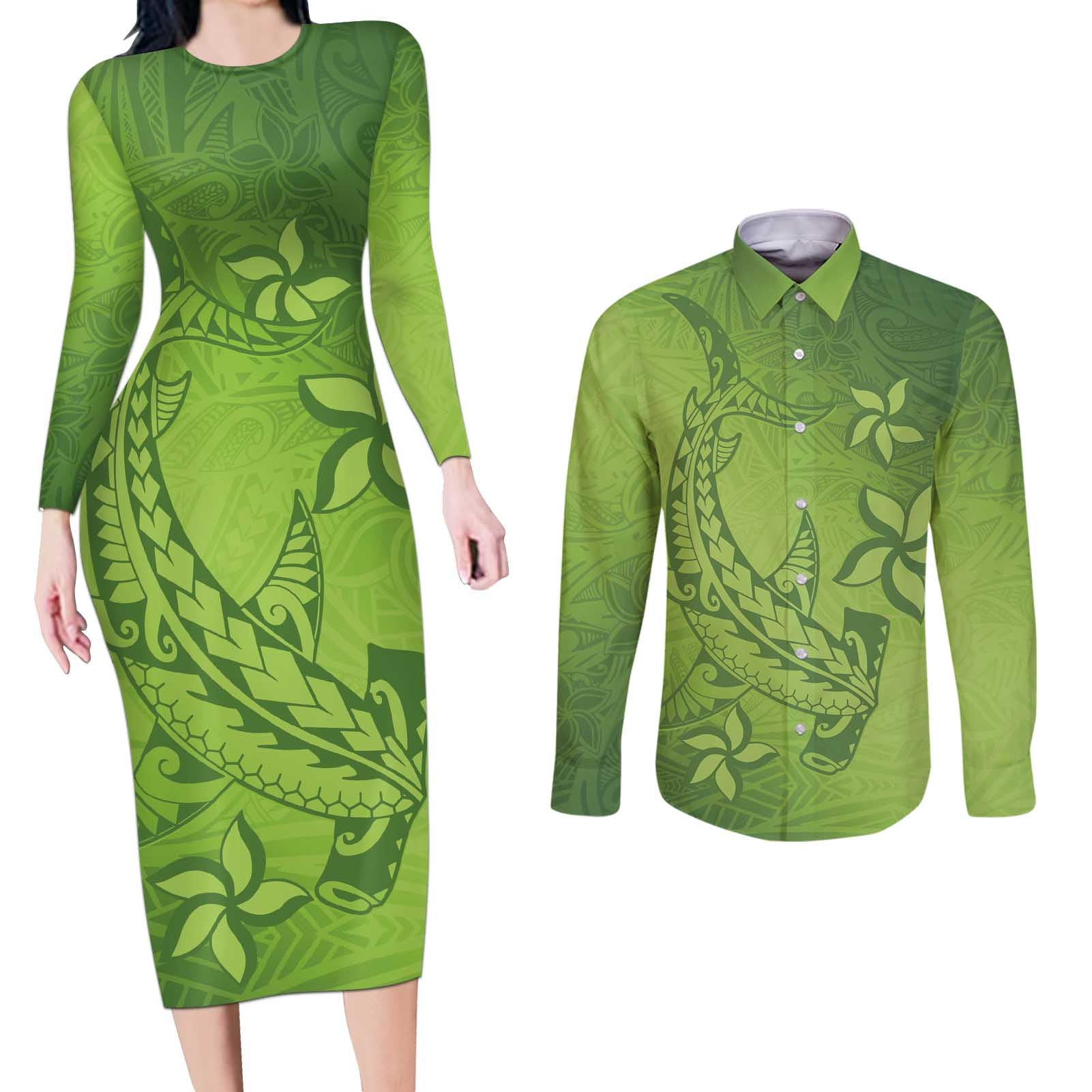Green Gradient Polynesia Couples Matching Long Sleeve Bodycon Dress and Long Sleeve Button Shirt Hawaiian Tribal Hammerhead Shark Tattoo