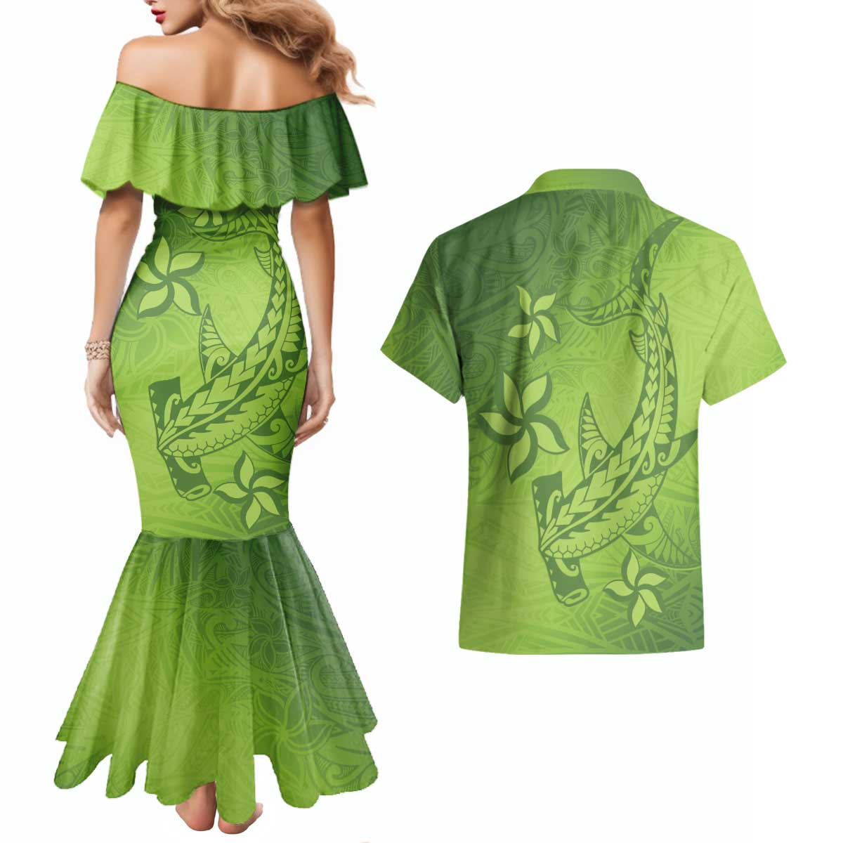 Green Gradient Polynesia Couples Matching Mermaid Dress and Hawaiian Shirt Hawaiian Tribal Hammerhead Shark Tattoo