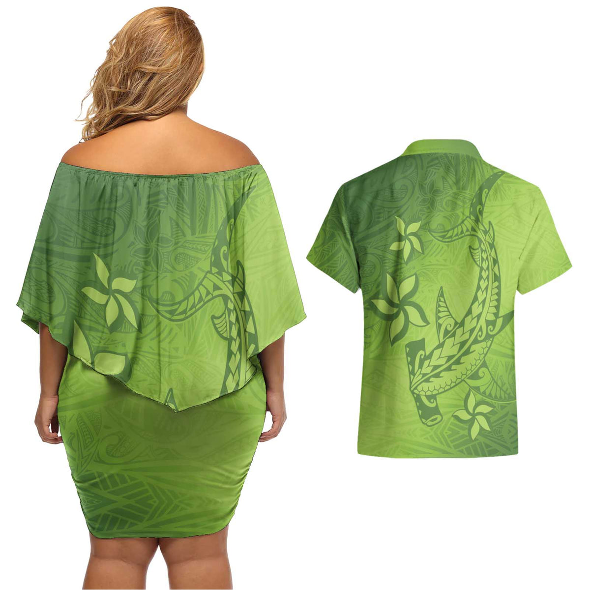 Green Gradient Polynesia Couples Matching Off Shoulder Short Dress and Hawaiian Shirt Hawaiian Tribal Hammerhead Shark Tattoo