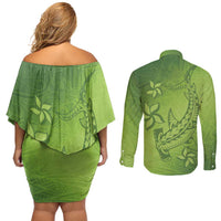 Green Gradient Polynesia Couples Matching Off Shoulder Short Dress and Long Sleeve Button Shirt Hawaiian Tribal Hammerhead Shark Tattoo