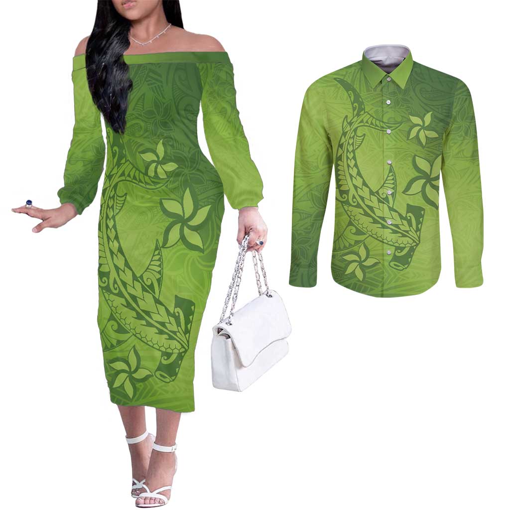 Green Gradient Polynesia Couples Matching Off The Shoulder Long Sleeve Dress and Long Sleeve Button Shirt Hawaiian Tribal Hammerhead Shark Tattoo