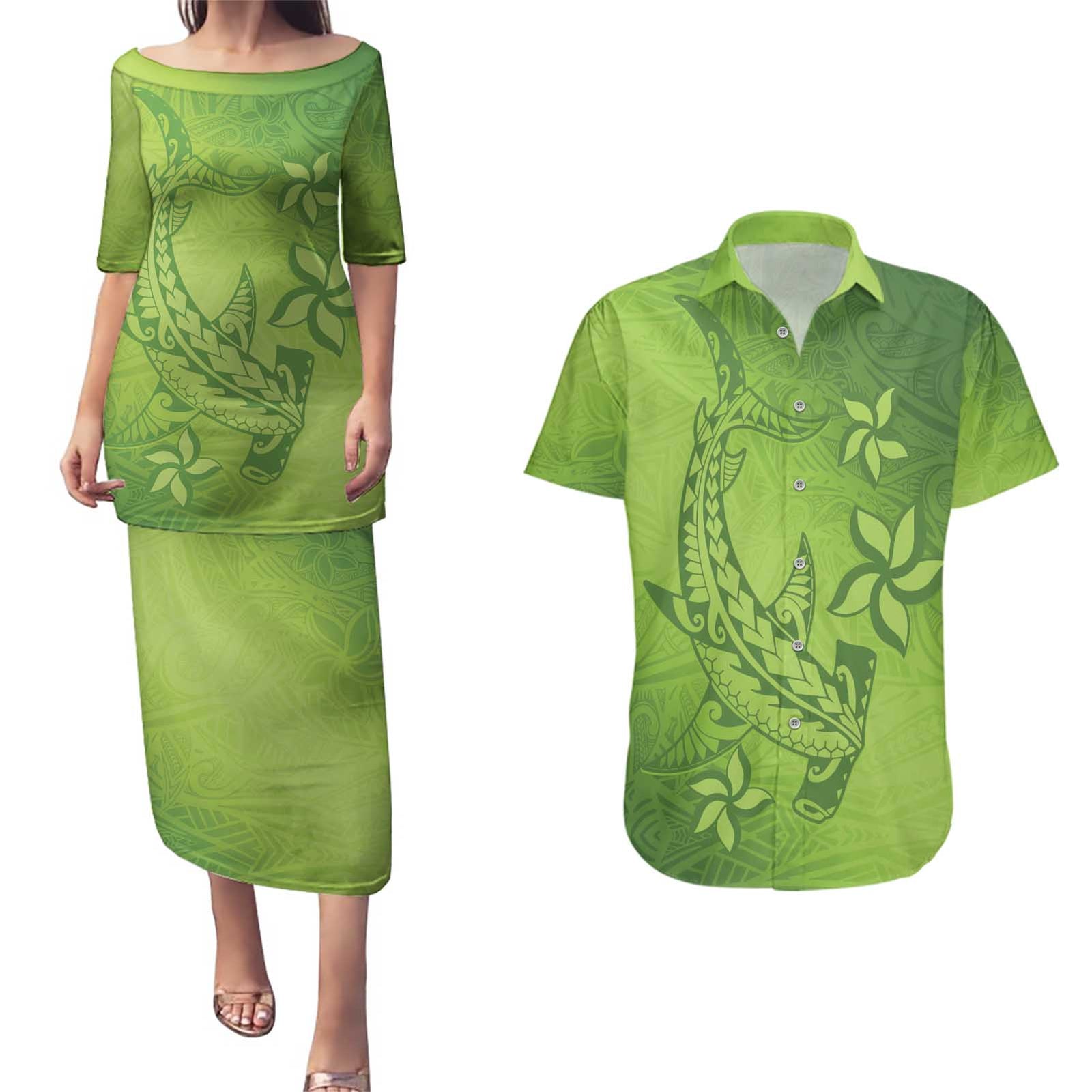 Green Gradient Polynesia Couples Matching Puletasi and Hawaiian Shirt Hawaiian Tribal Hammerhead Shark Tattoo