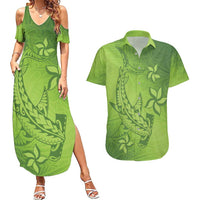 Green Gradient Polynesia Couples Matching Summer Maxi Dress and Hawaiian Shirt Hawaiian Tribal Hammerhead Shark Tattoo