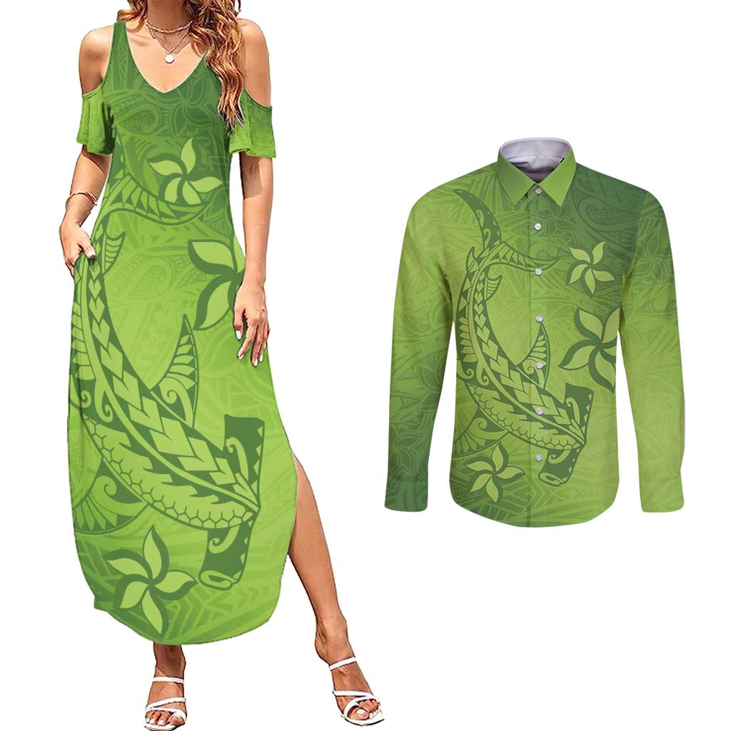 Green Gradient Polynesia Couples Matching Summer Maxi Dress and Long Sleeve Button Shirt Hawaiian Tribal Hammerhead Shark Tattoo