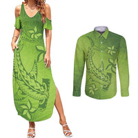 Green Gradient Polynesia Couples Matching Summer Maxi Dress and Long Sleeve Button Shirt Hawaiian Tribal Hammerhead Shark Tattoo