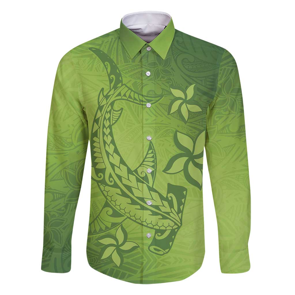 Green Gradient Polynesia Family Matching Long Sleeve Bodycon Dress and Hawaiian Shirt Hawaiian Tribal Hammerhead Shark Tattoo LT14 Dad's Shirt - Long Sleeve Green - Polynesian Pride