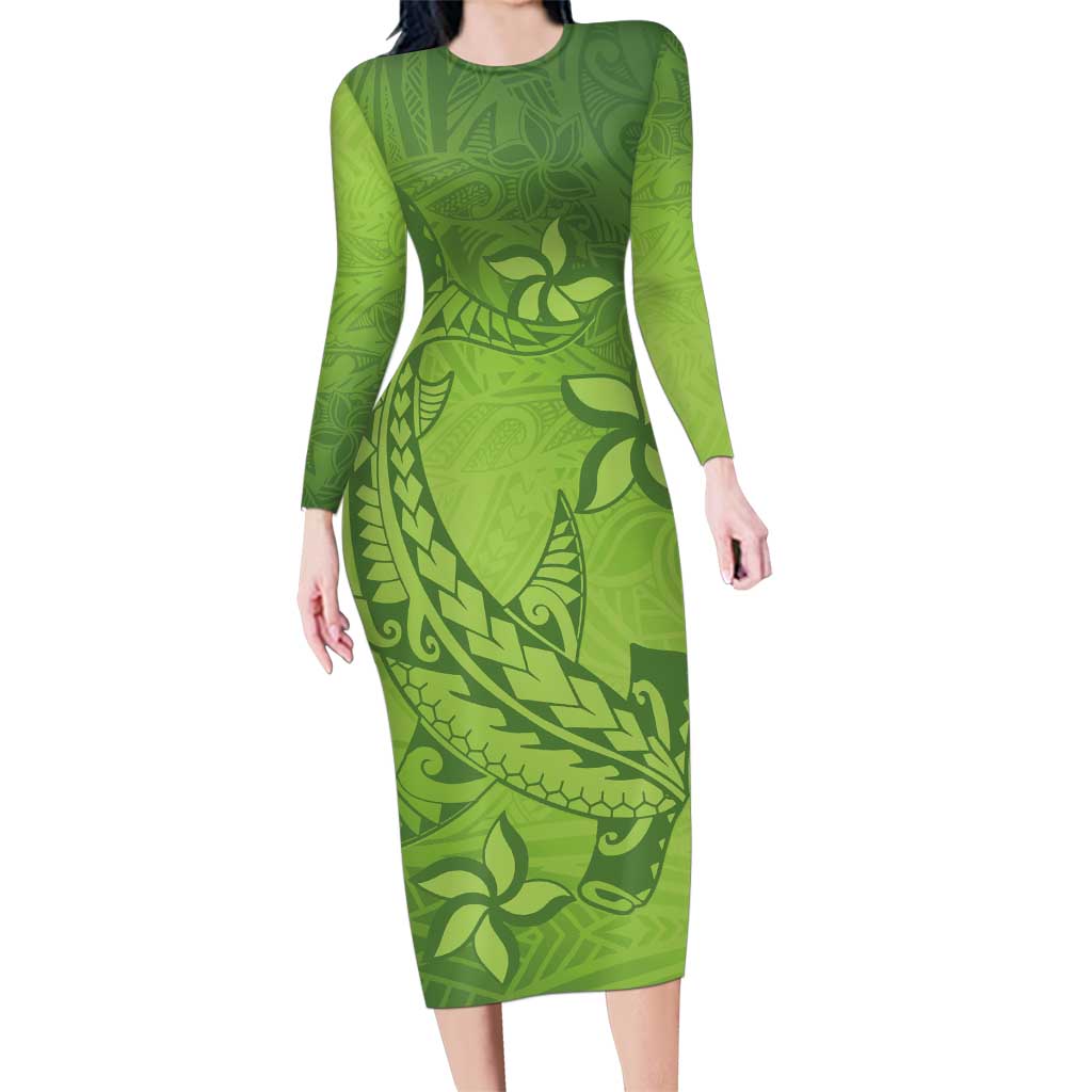 Green Gradient Polynesia Family Matching Long Sleeve Bodycon Dress and Hawaiian Shirt Hawaiian Tribal Hammerhead Shark Tattoo LT14 Mom's Dress Green - Polynesian Pride
