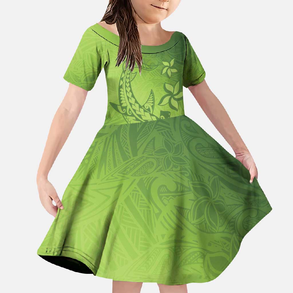 Green Gradient Polynesia Family Matching Mermaid Dress and Hawaiian Shirt Hawaiian Tribal Hammerhead Shark Tattoo LT14 Daughter's Dress Green - Polynesian Pride