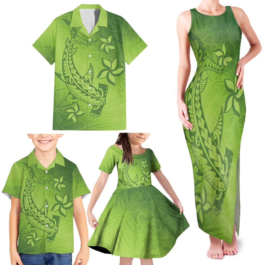 Green Gradient Polynesia Family Matching Tank Maxi Dress and Hawaiian Shirt Hawaiian Tribal Hammerhead Shark Tattoo