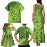 Green Gradient Polynesia Family Matching Tank Maxi Dress and Hawaiian Shirt Hawaiian Tribal Hammerhead Shark Tattoo