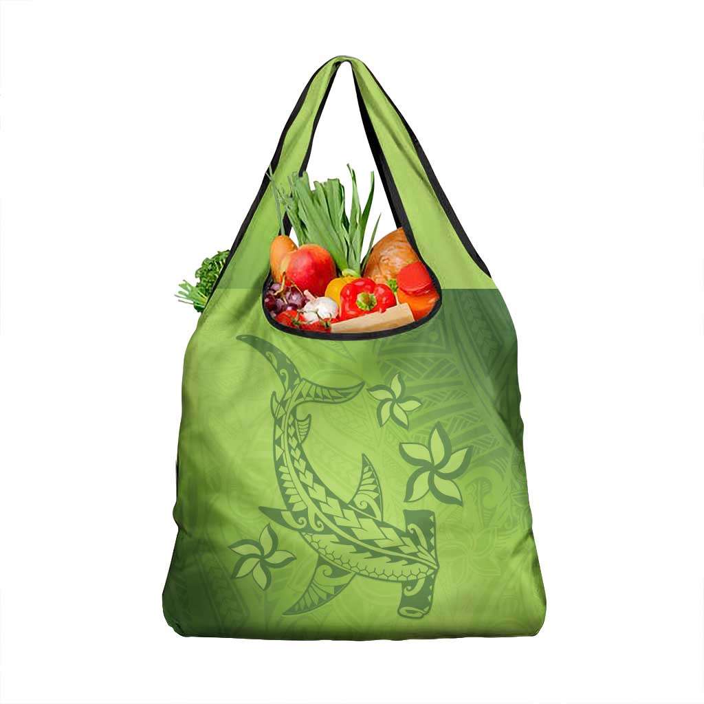 Green Gradient Polynesia Grocery Bag Hawaiian Tribal Hammerhead Shark Tattoo