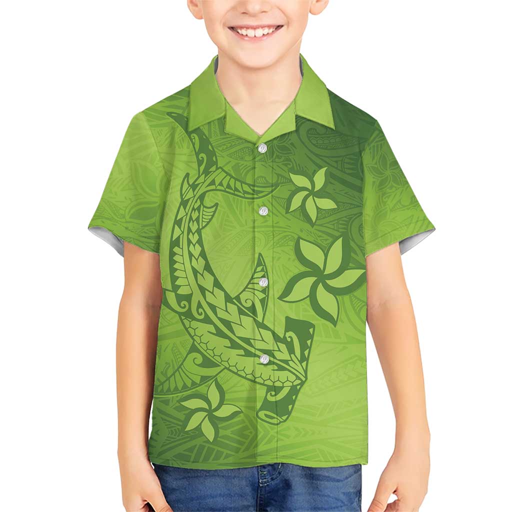 Green Gradient Polynesia Kid Hawaiian Shirt Hawaiian Tribal Hammerhead Shark Tattoo