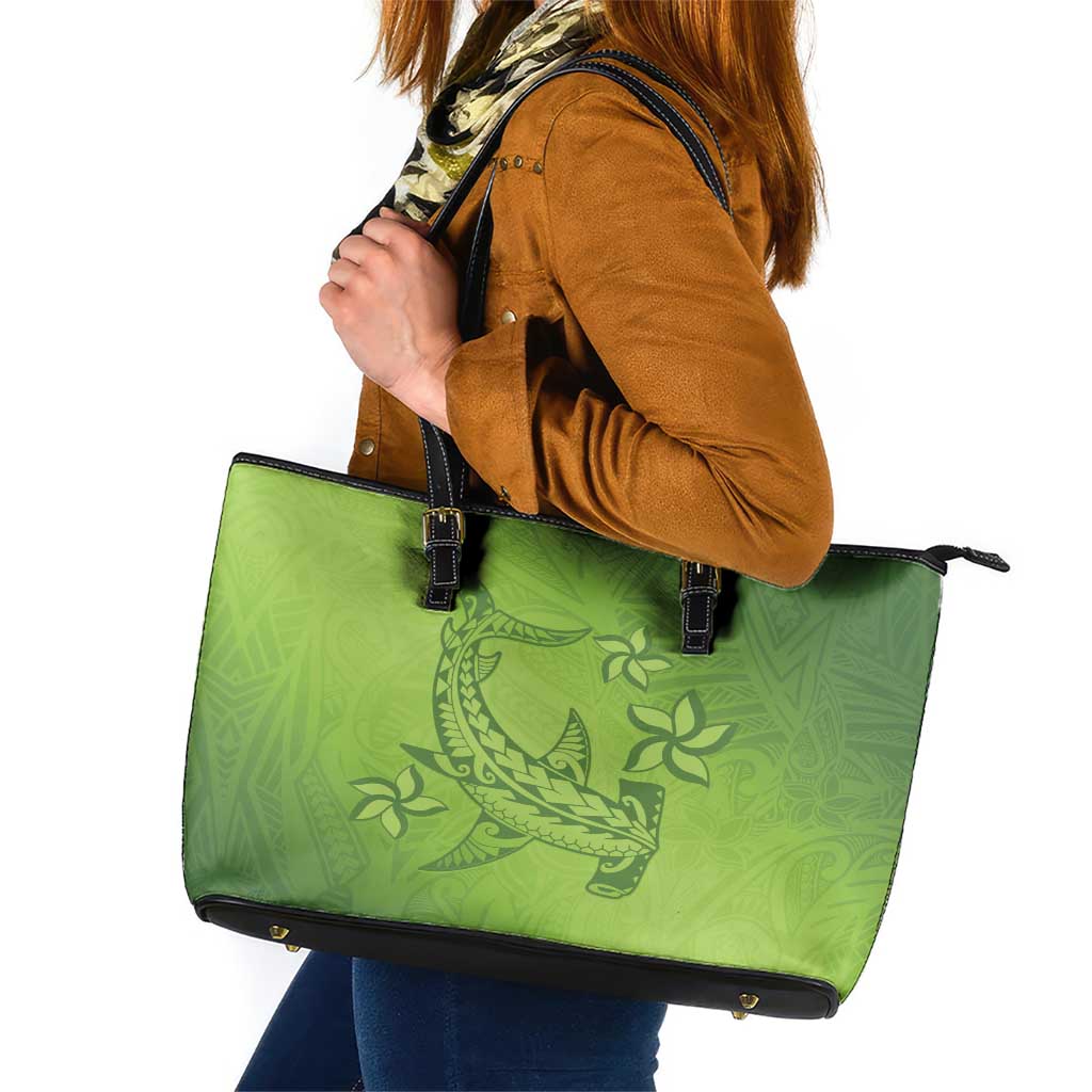 Green Gradient Polynesia Leather Tote Bag Hawaiian Tribal Hammerhead Shark Tattoo