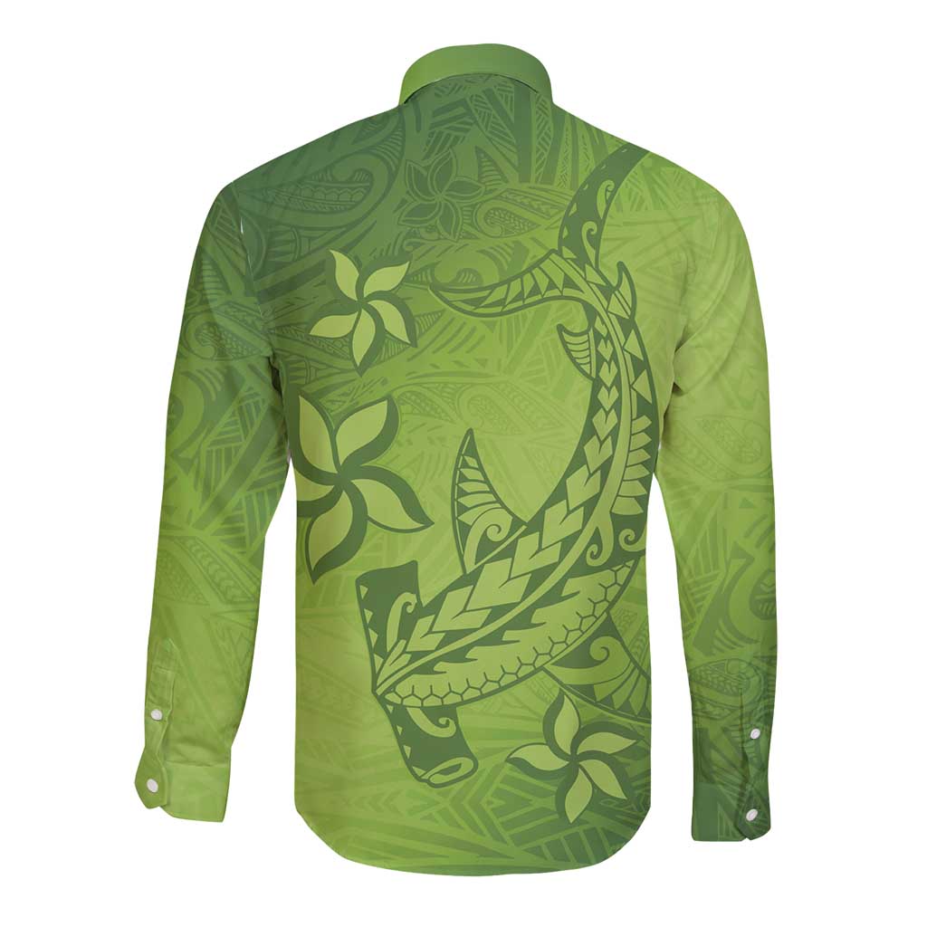 Green Gradient Polynesia Long Sleeve Button Shirt Hawaiian Tribal Hammerhead Shark Tattoo