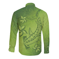 Green Gradient Polynesia Long Sleeve Button Shirt Hawaiian Tribal Hammerhead Shark Tattoo