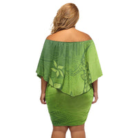 Green Gradient Polynesia Off Shoulder Short Dress Hawaiian Tribal Hammerhead Shark Tattoo