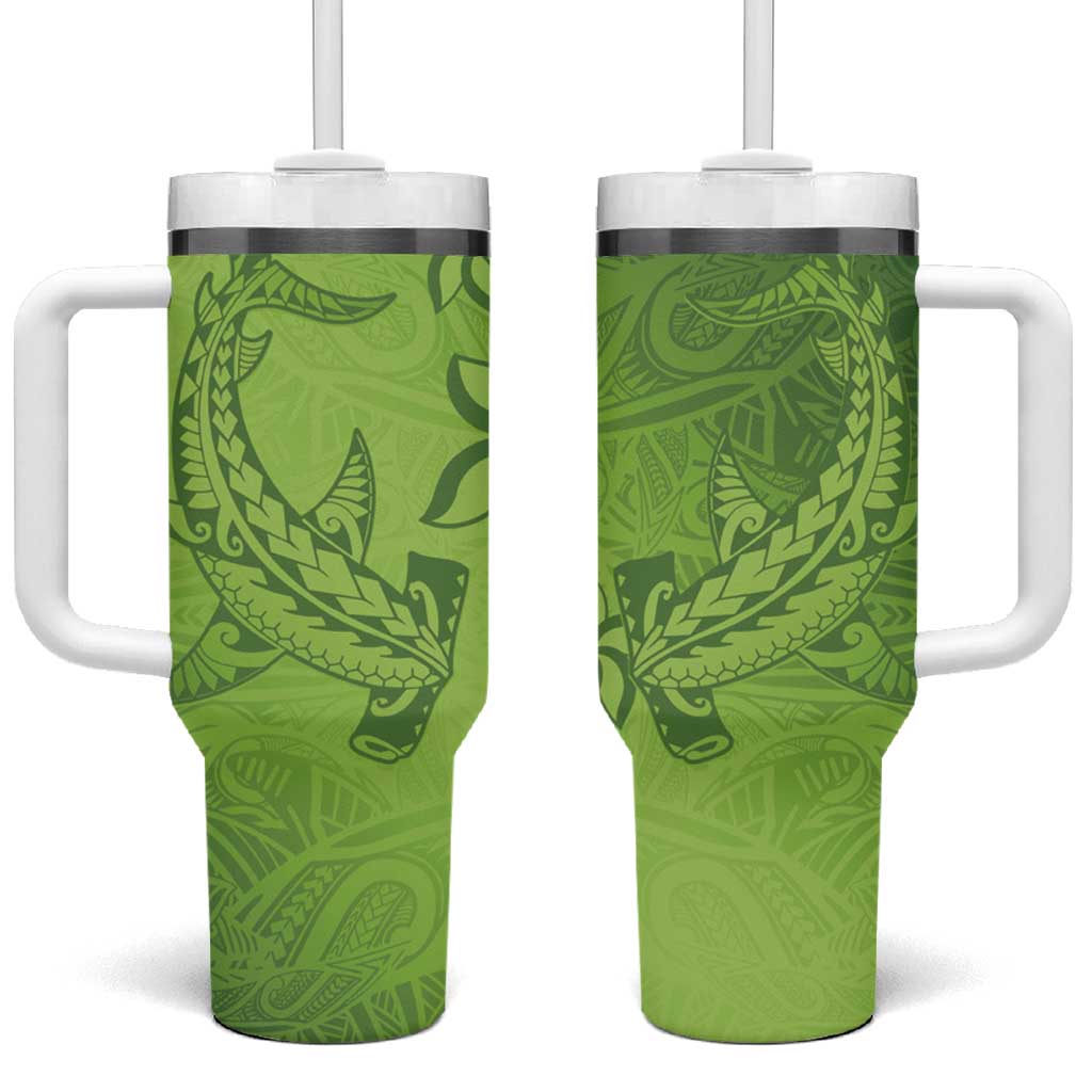 Green Gradient Polynesia Tumbler With Handle Hawaiian Tribal Hammerhead Shark Tattoo